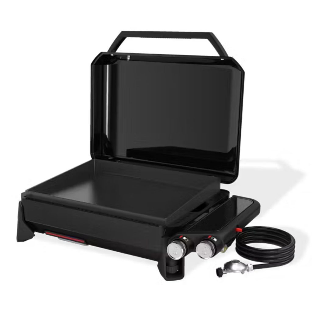 la plancha gaz weber premium slate GP et son couvercle ouvert