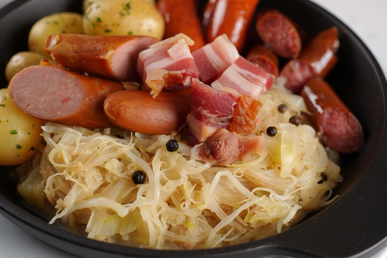 une choucroute garnie avec des saucisses et viandes fumées réchauffée