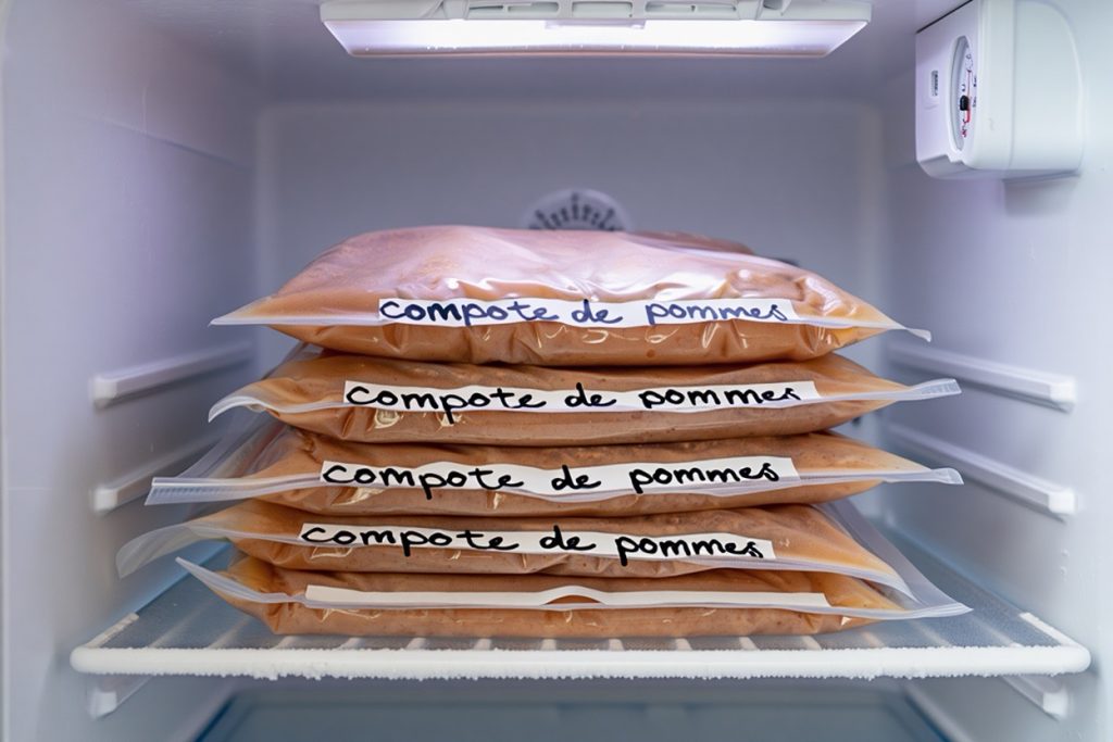 compote maison conservée au congélateur dans des sachets