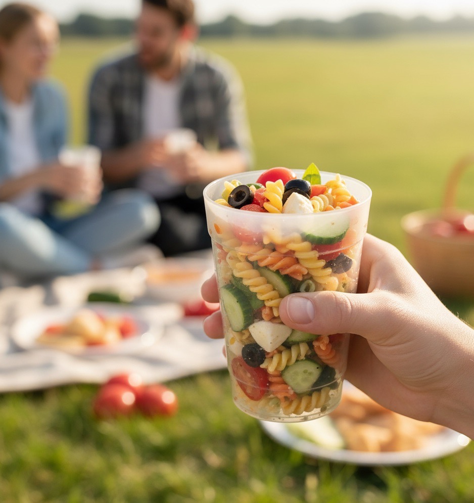 salade de pâtes dans un gobelet réutilisable