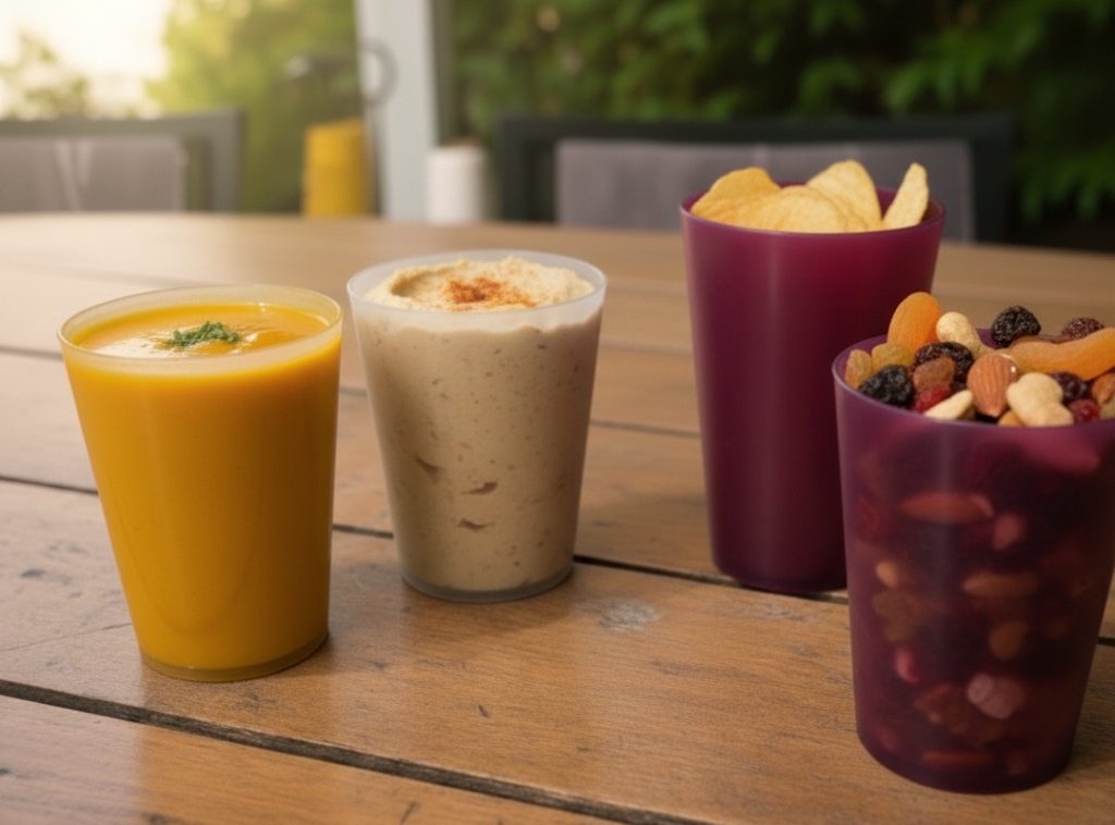 gobelets réutilisables avec tartinades, chips et fruits secs