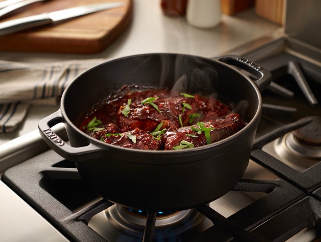 viande qui mijote dans une cocotte en fonte