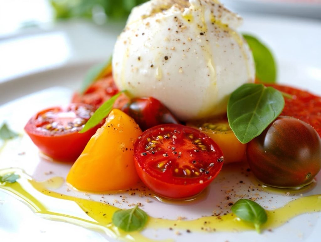 burrata et tomates avec un filet d'huile d'olive bio