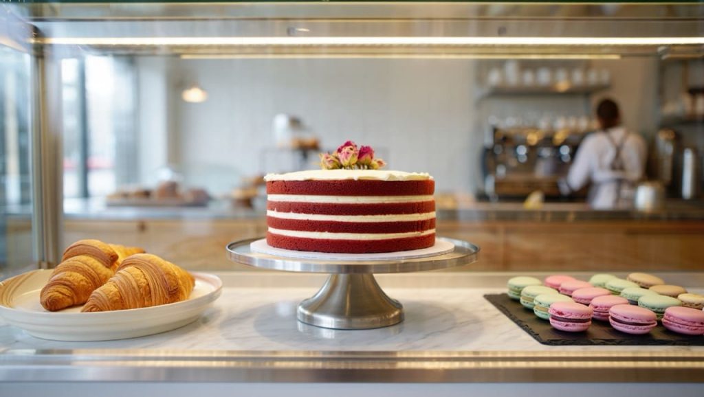 gâteau au centre d'une vitrine réfrigérée