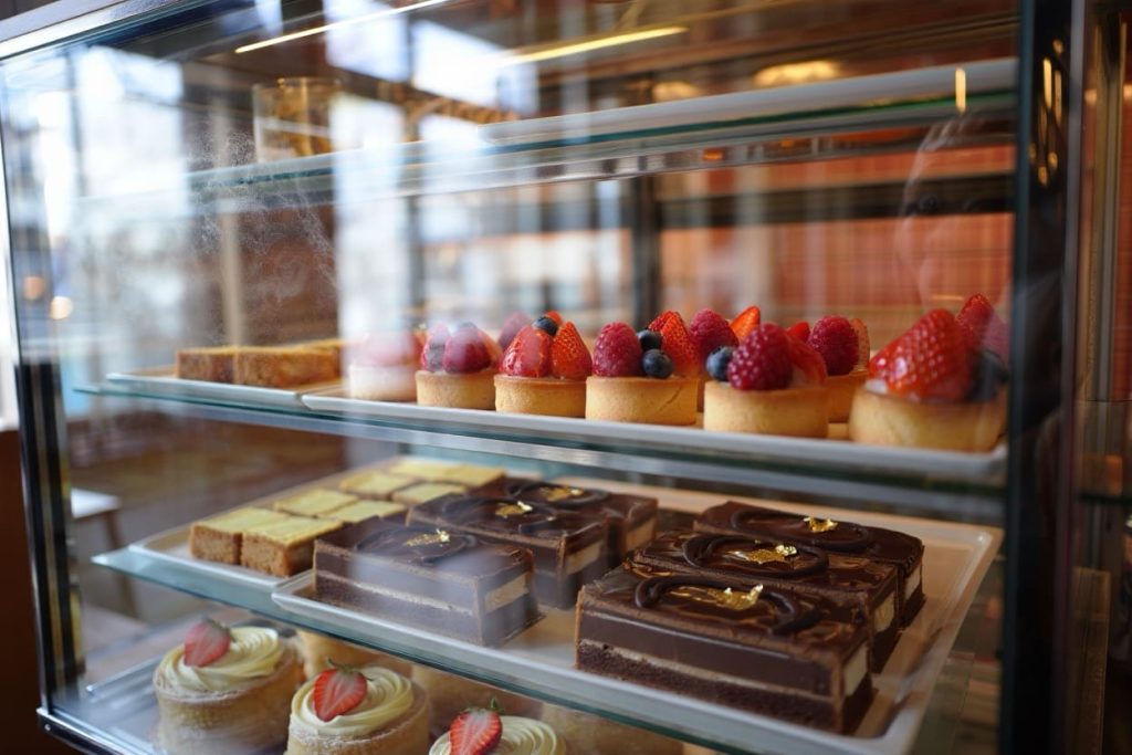 pâtisseries présentées dans une vitrine