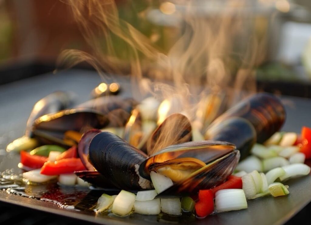 moules à la plancha avec citron et poivrons