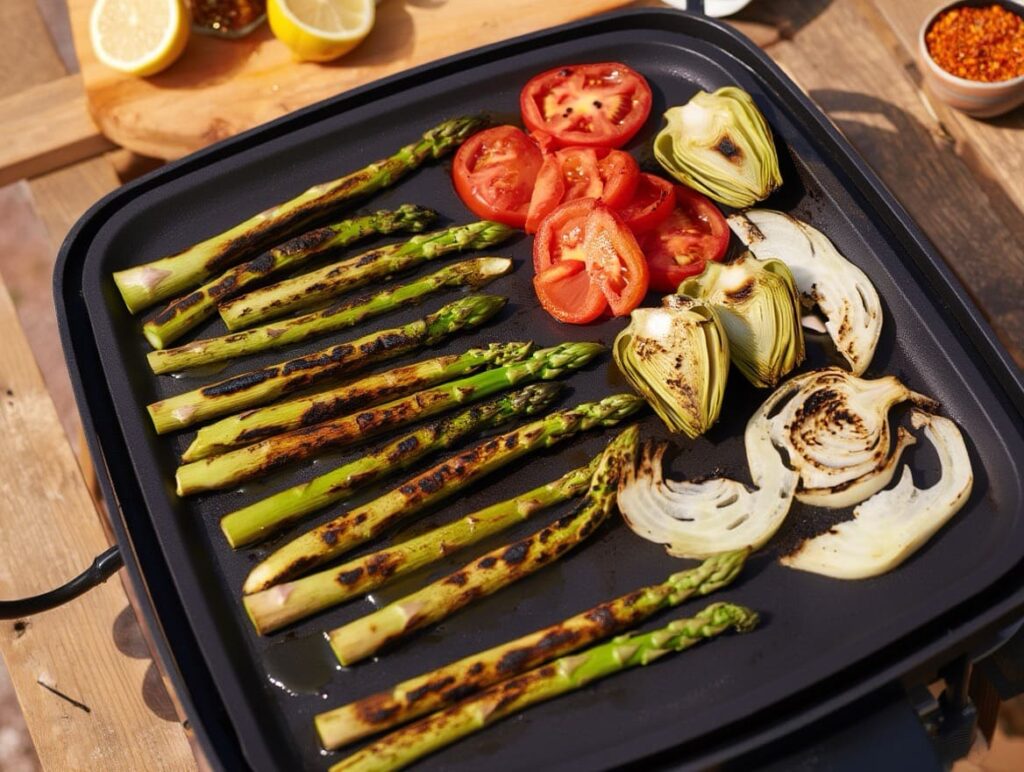 asperges cuites sur une plancha avec d'autres légumes