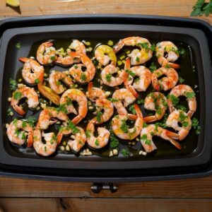 crevettes cuites sur une plancha