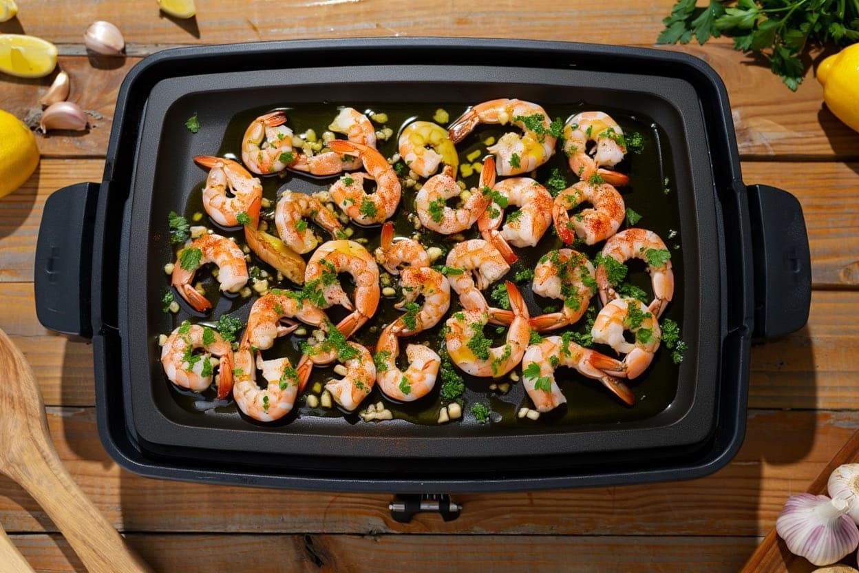 crevettes cuites sur une plancha