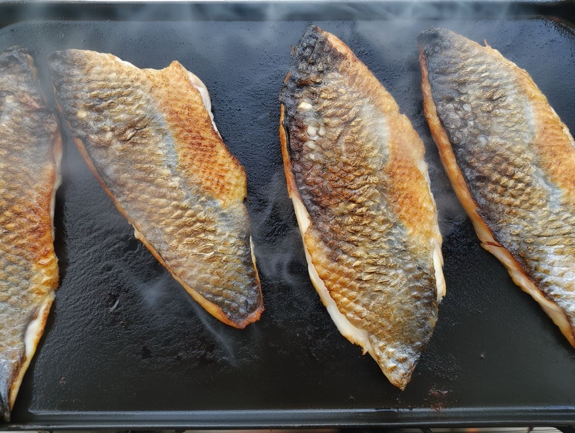 filets de bar en cuisson à la plancha