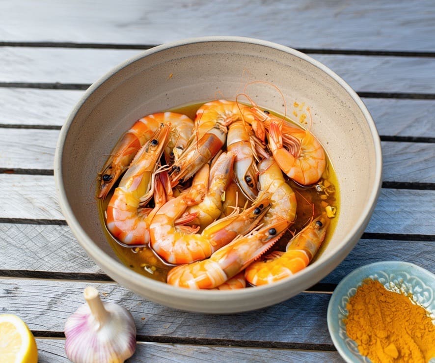 gambas en train de mariner avant une cuisson à la plancha