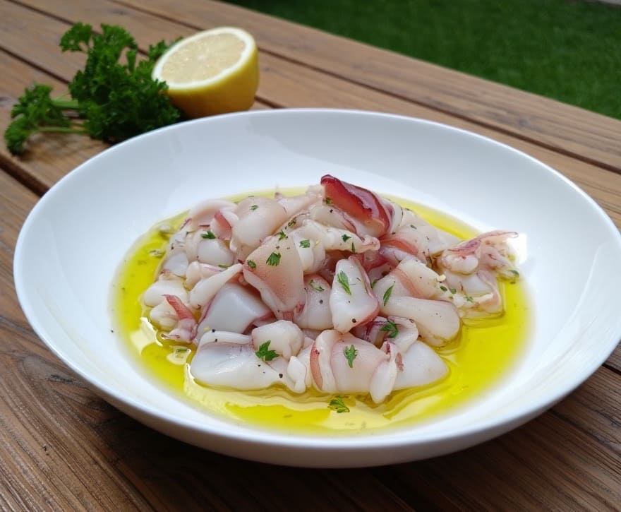 seiches en train de mariner avant une cuisson sur une plancha