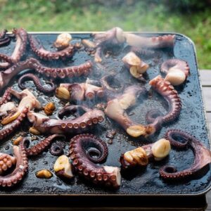 poulpe assaisonné et en train de cuire sur une plancha
