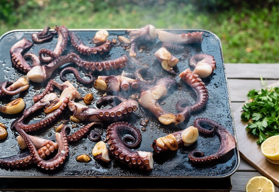 poulpe assaisonné et en train de cuire sur une plancha