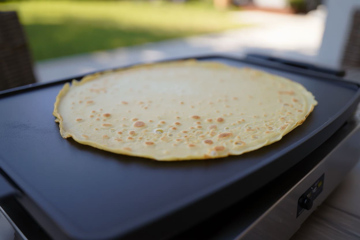 grande crêpe cuite sur une plancha